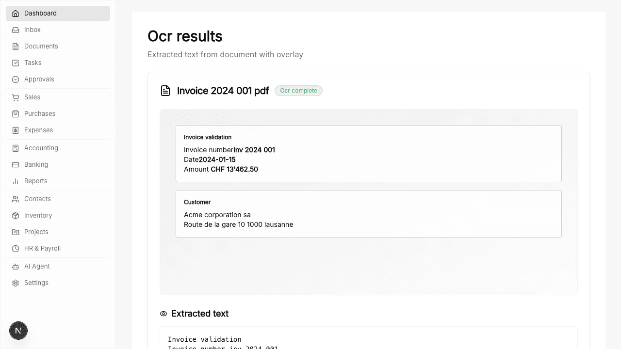 Numezis-Ansicht Dokumente & Extraktion mit Agent-Panel